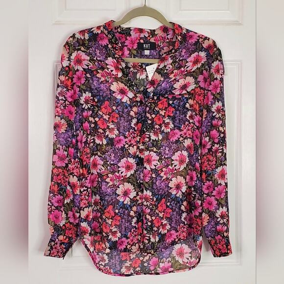 Kut From the Kloth Jasmine Floral Semi-sheer Chiffon Button-down Blouse S NWT - Picture 2 of 10